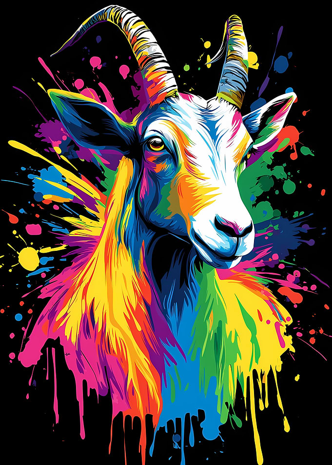 Colorful Goat Portrait on Black Background