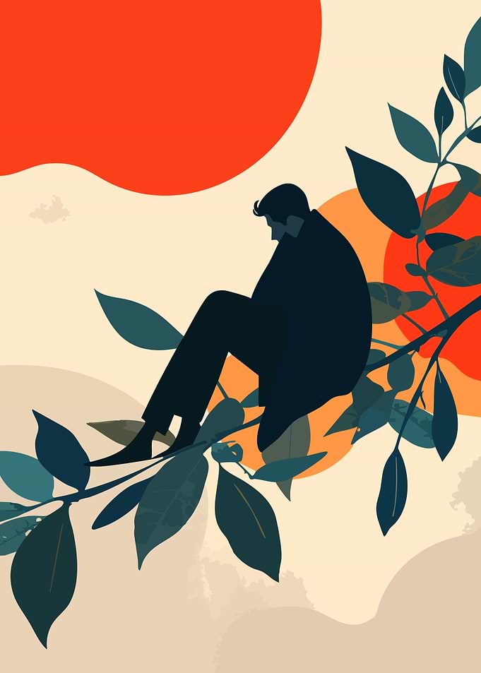 Man on a Branch Surreal Minimalist Abstract Art Illustration