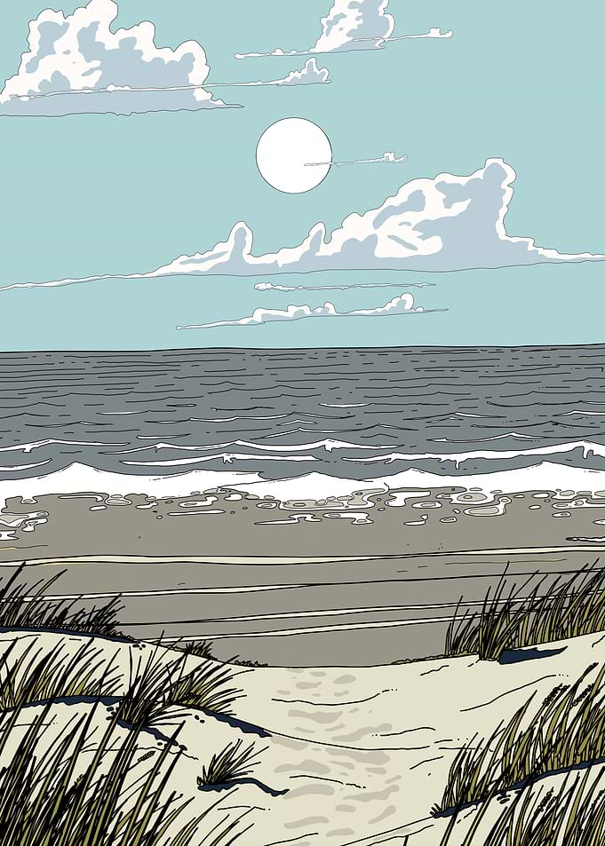 Beach scene with sun and clouds