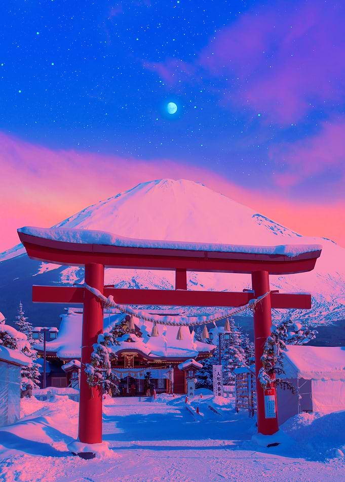 Mount Fuji and Torii Gate in Winter
