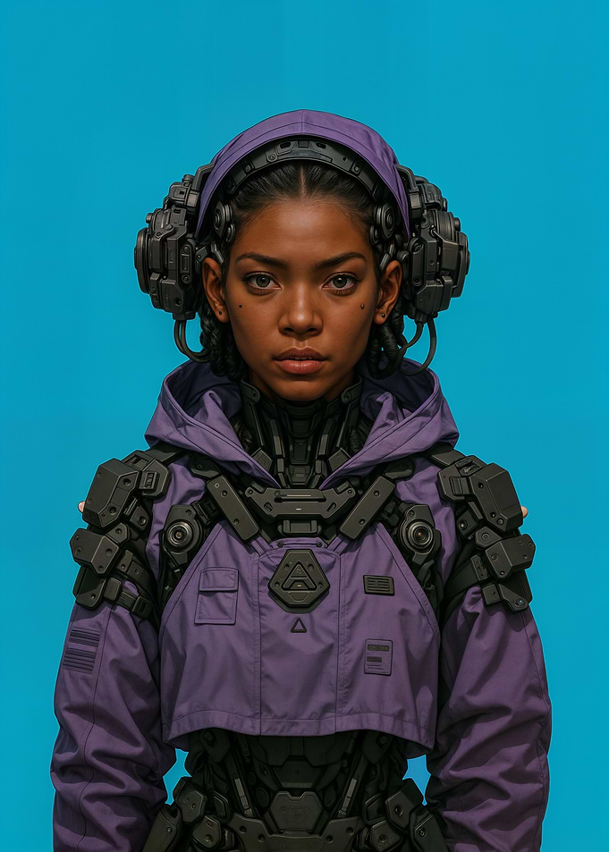 Cyberpunk Girl Portrait on Blue Background