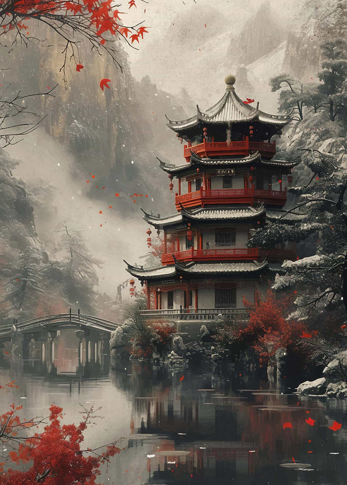 Asian Pagoda Winter Landscape