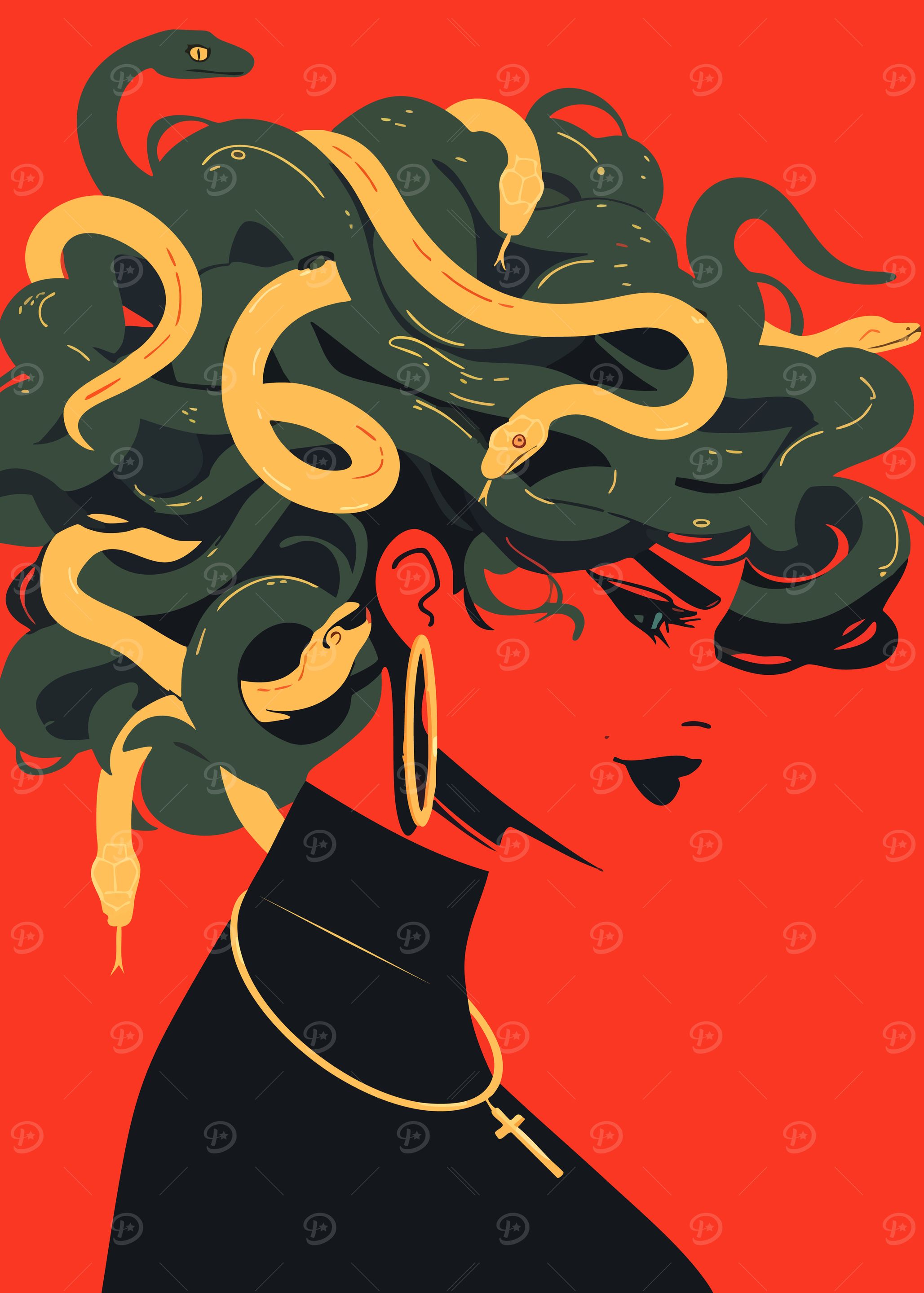Woman with Snakes Portrait Minimalist Art Illustration