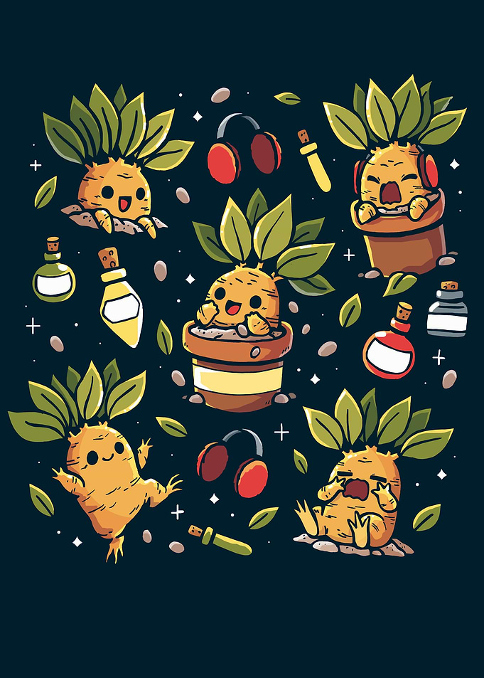 Cartoon Mandrakes with Potions and Headphones