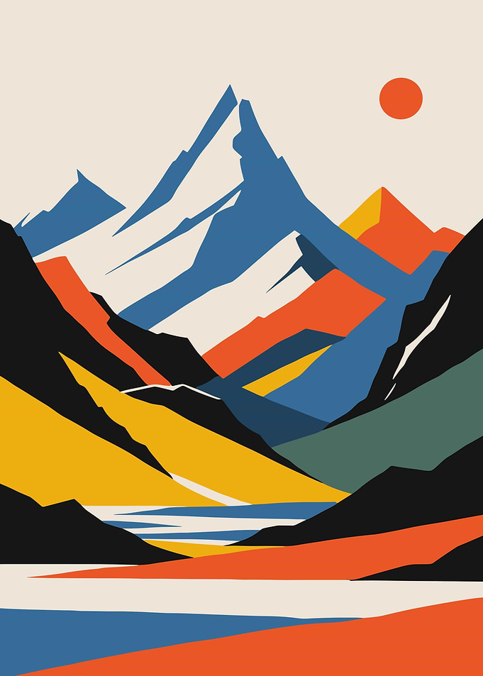 Abstract Mountain Landscape with Sun