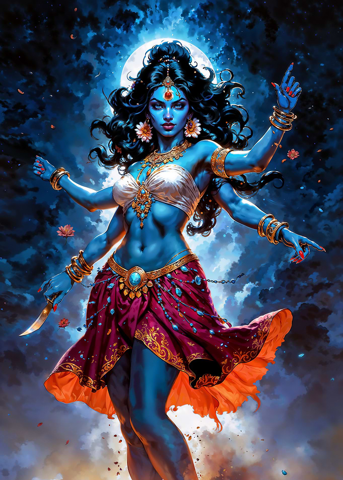 Blue-skinned Goddess Kali with Multiple Arms