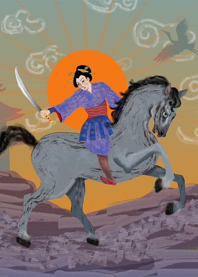 Samurai woman riding a horse