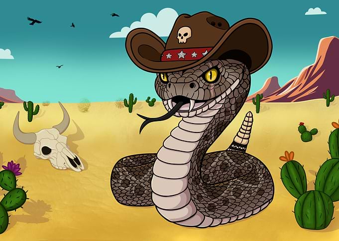 Cartoon Rattlesnake Cowboy in Desert Landscape