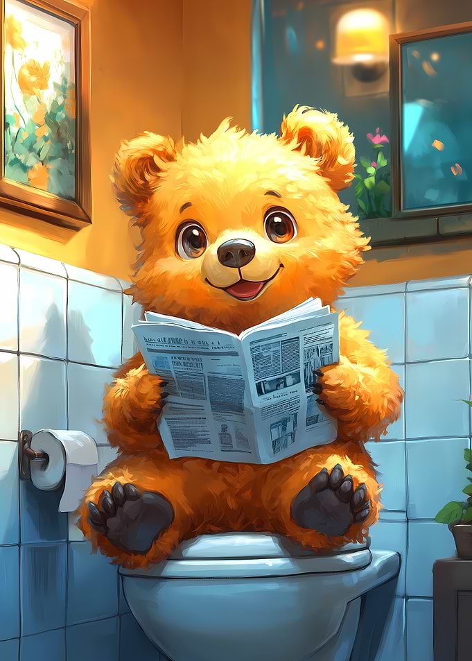 Bear Reading Newspaper on Toilet