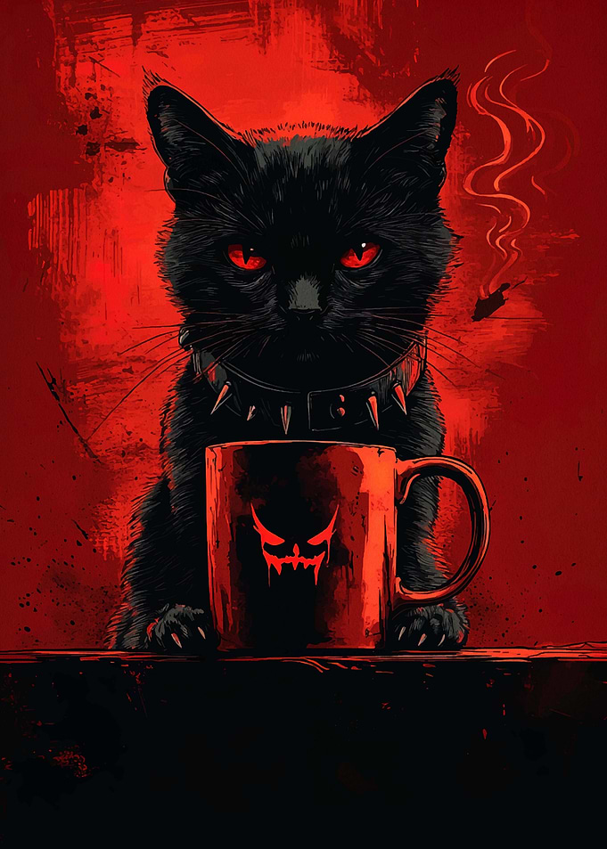 Black Cat with Coffee Mug