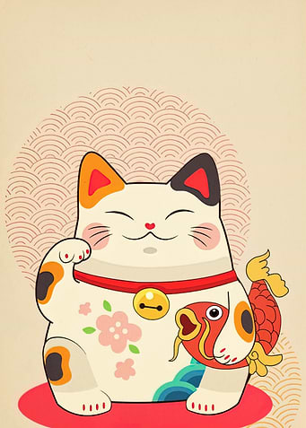 Maneki Neko with Fish Illustration