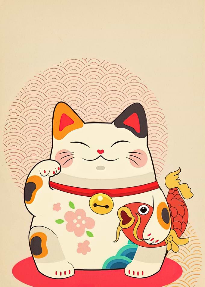 Maneki Neko with Fish Illustration