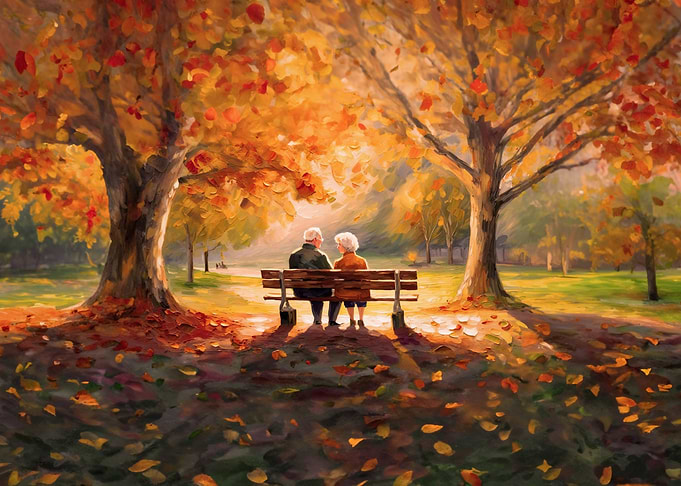Our Years Together | Autumn Serenity: Elderly Couple on Bench warm colors grandparents gift