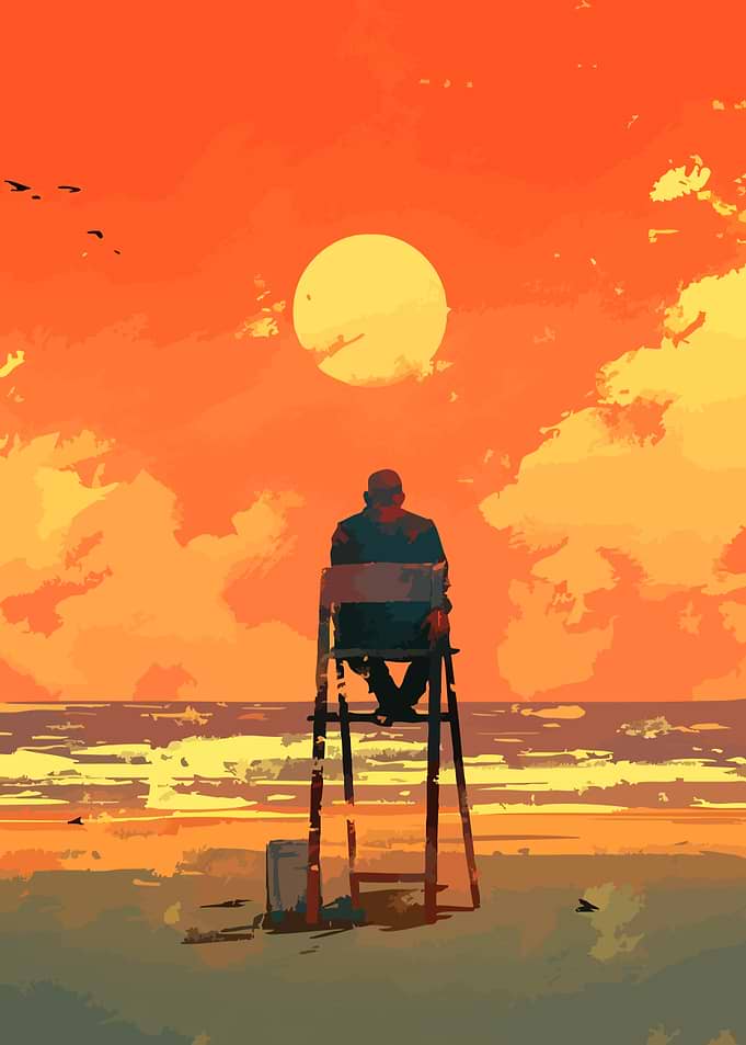 Man Sees Beach Sunset on Tall Tree Minimalist Art Illustration