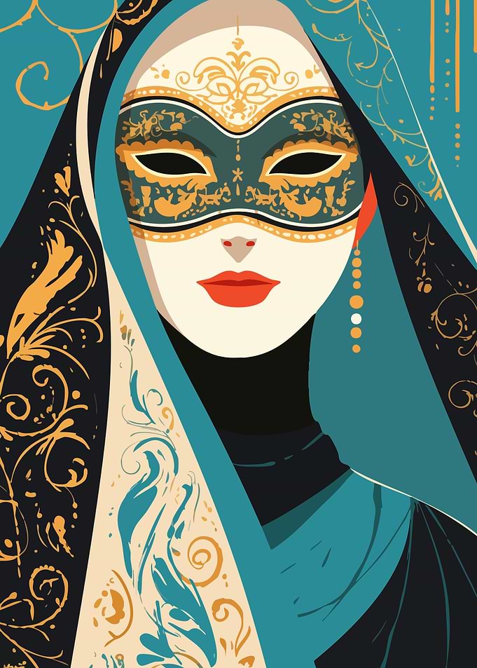 Venetian Masked Woman Minimalist Art Illustration Portrait
