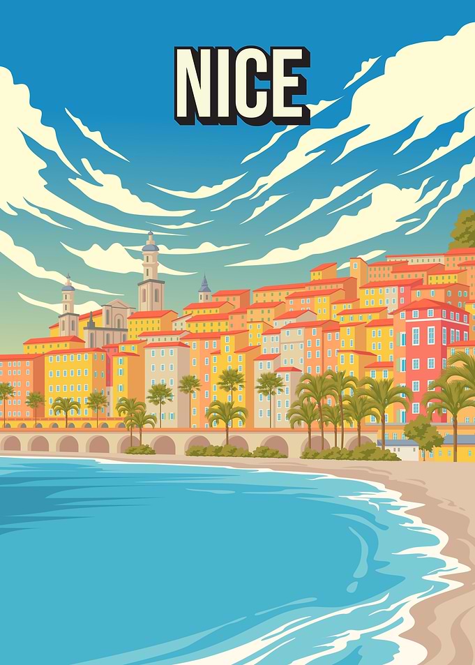 Nice France French Riviera Vintage Travel Poster Promenade des Anglais