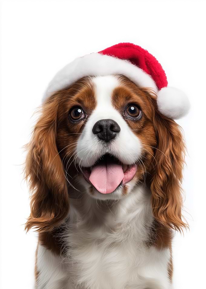 Cavalier King Charles Spaniel Dog with Santa Hat Portrait