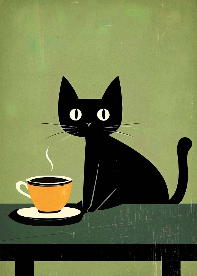 Black Cat and Coffee Cup Illustration