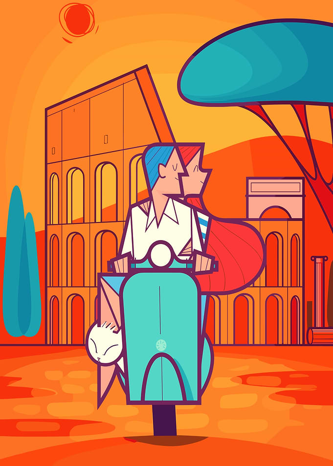 Couple on Scooter in Rome Illustration