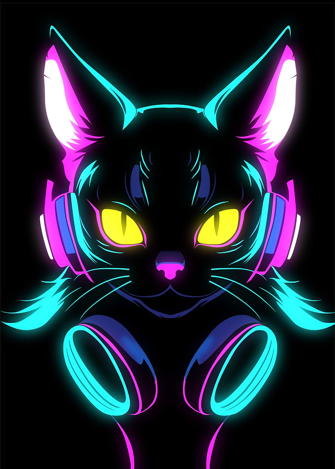 Neon Cat with Headphones