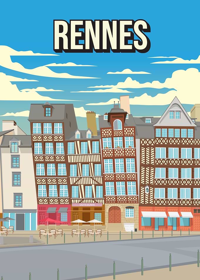 Rennes France Vintage Travel Poster Brittany Half-Timbered Houses