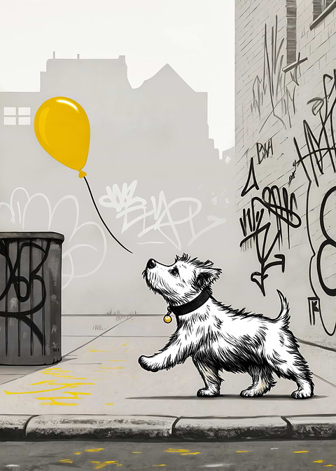 Dog with Yellow Balloon in Cityscape — living room metal wall art