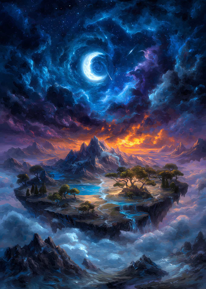 Fantasy Floating Island Under Crescent Moon