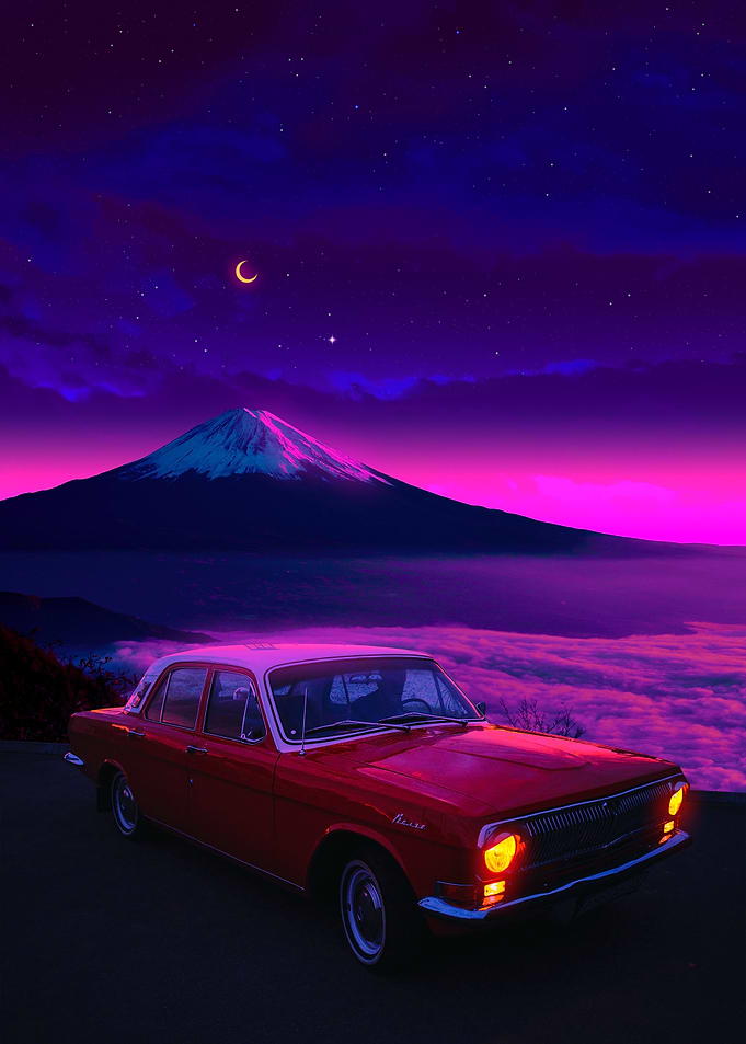 Retro Car with Mount Fuji