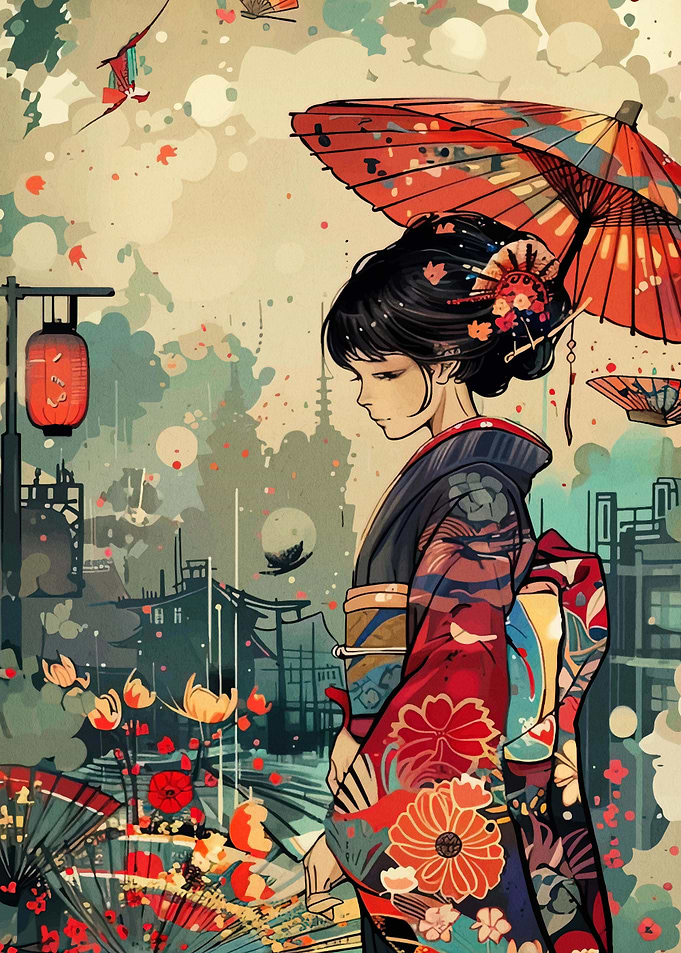 Japanese Woman with Umbrella in Cityscape