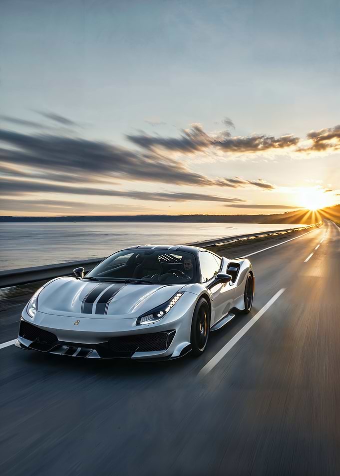 Silver Ferrari on Coastal Road at Sunset