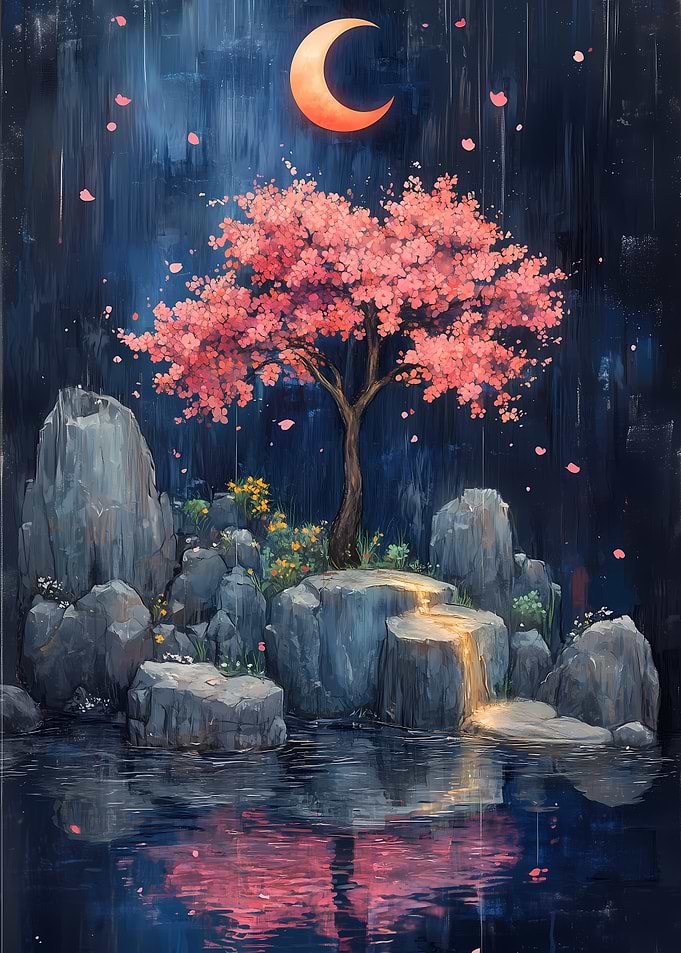 Cherry Blossom Tree Under Crescent Moon