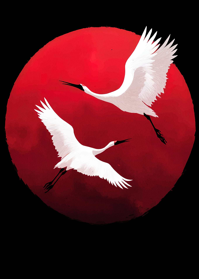 Cranes Flying Against Red Sun
