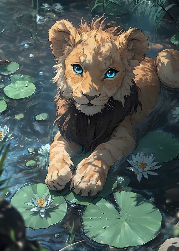 Lion cub in a pond