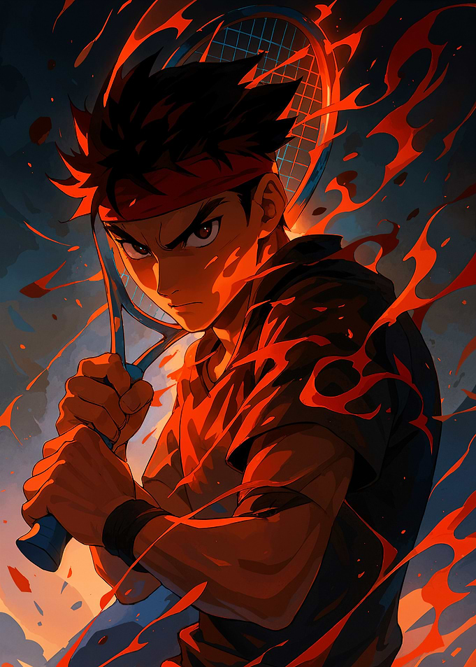 Anime Tennis Player with Fiery Aura