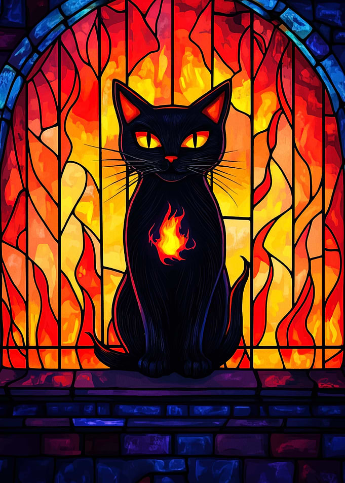Stained Glass Black Cat with Flame