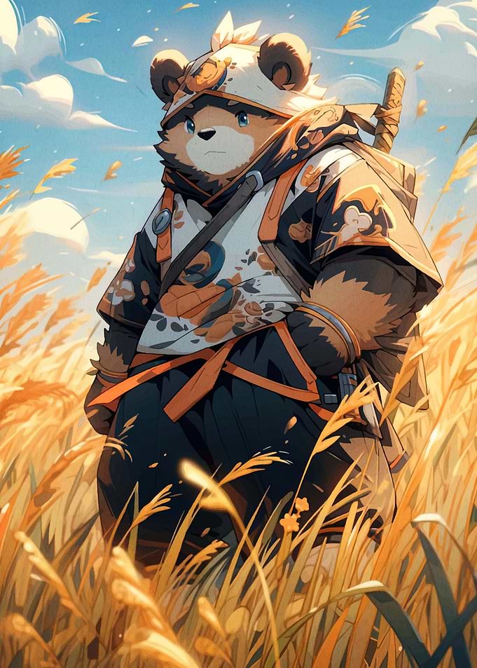 Samurai Bear in Wheat Field
