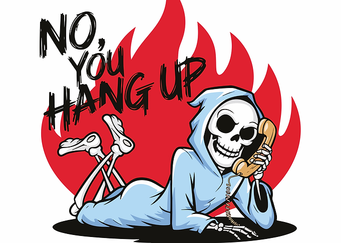 Skeleton on Phone with Fiery Backdrop
