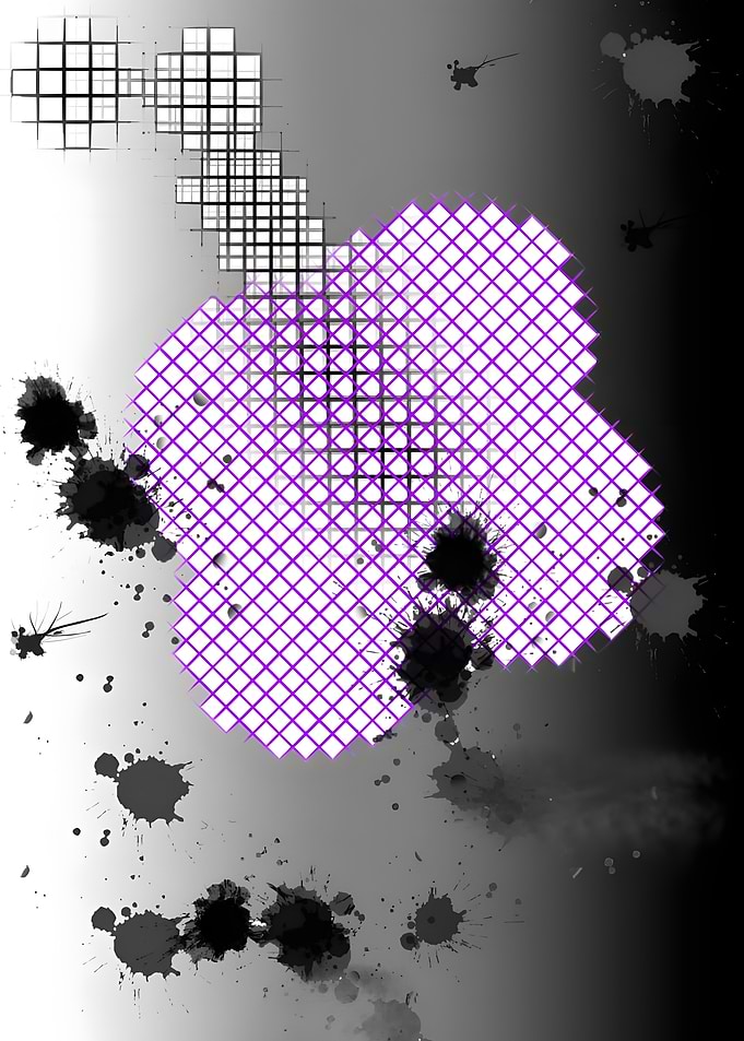 Abstract Purple Grid with Ink Splatters