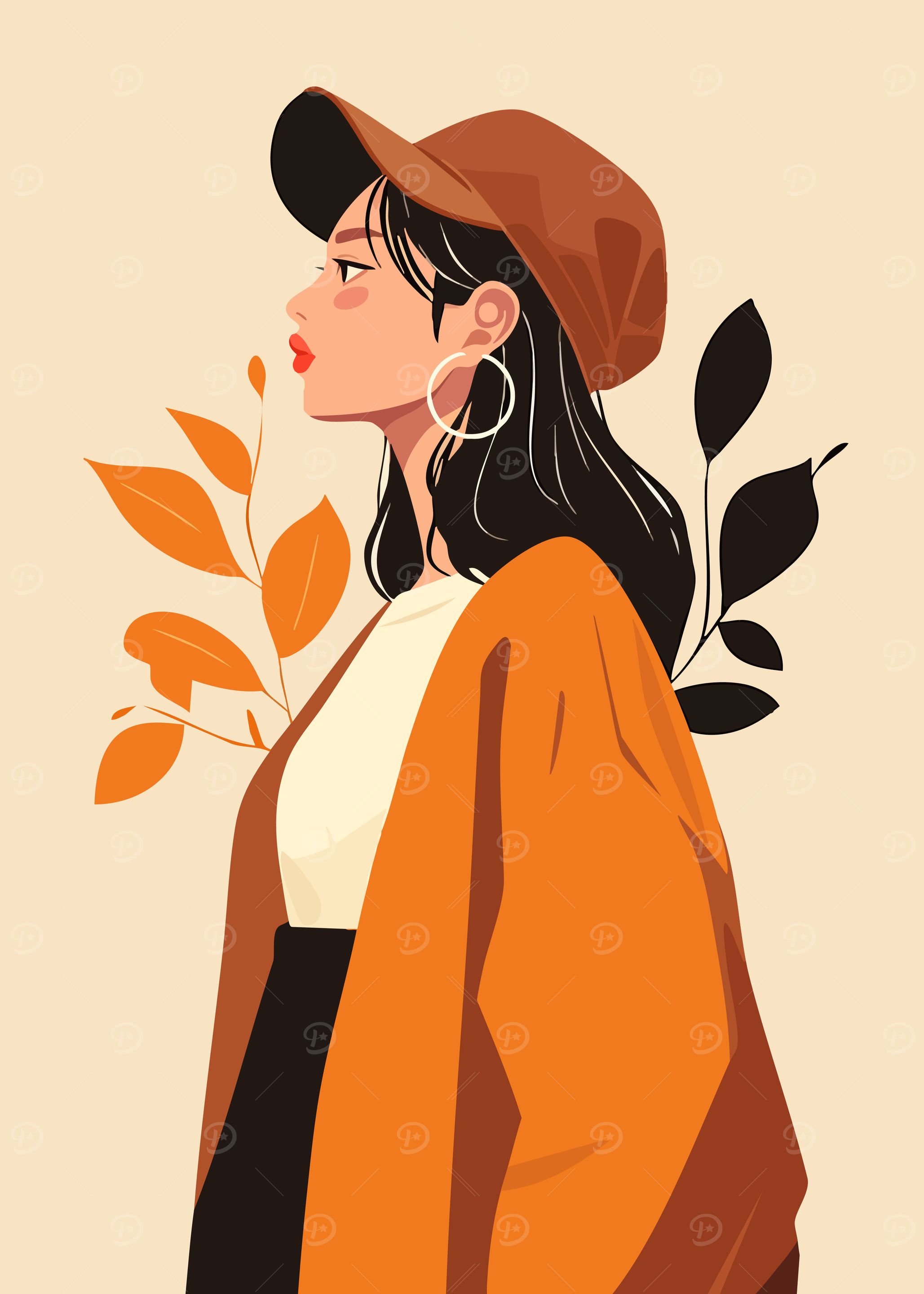 Autumn Fall Woman Fashion Portrait Minimalist Art Illustration
