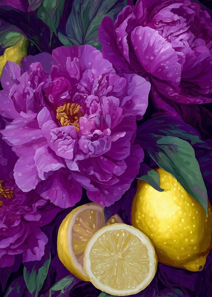 Purple Peonies and Lemons Still Life
