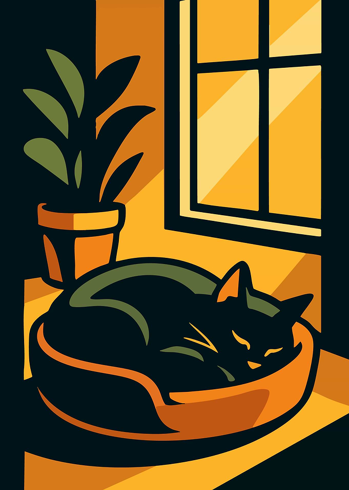 Sleeping Black Cat by the Window Neo-noir Minimalist Art illustration