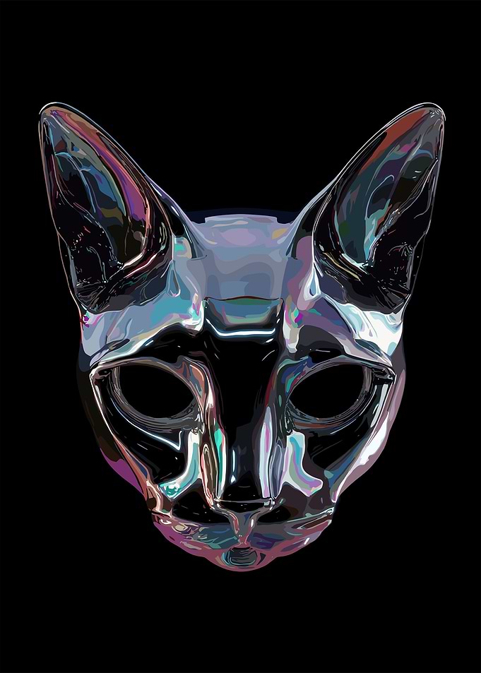 Iridescent Cat Mask on Black Background