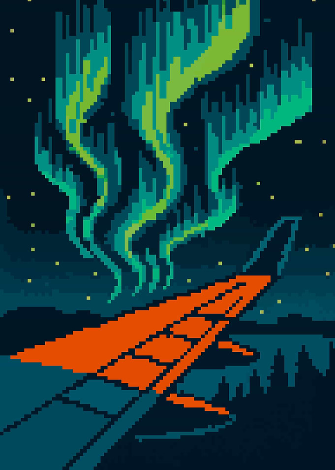 Retro Pixel Art Airplane Northern Lights