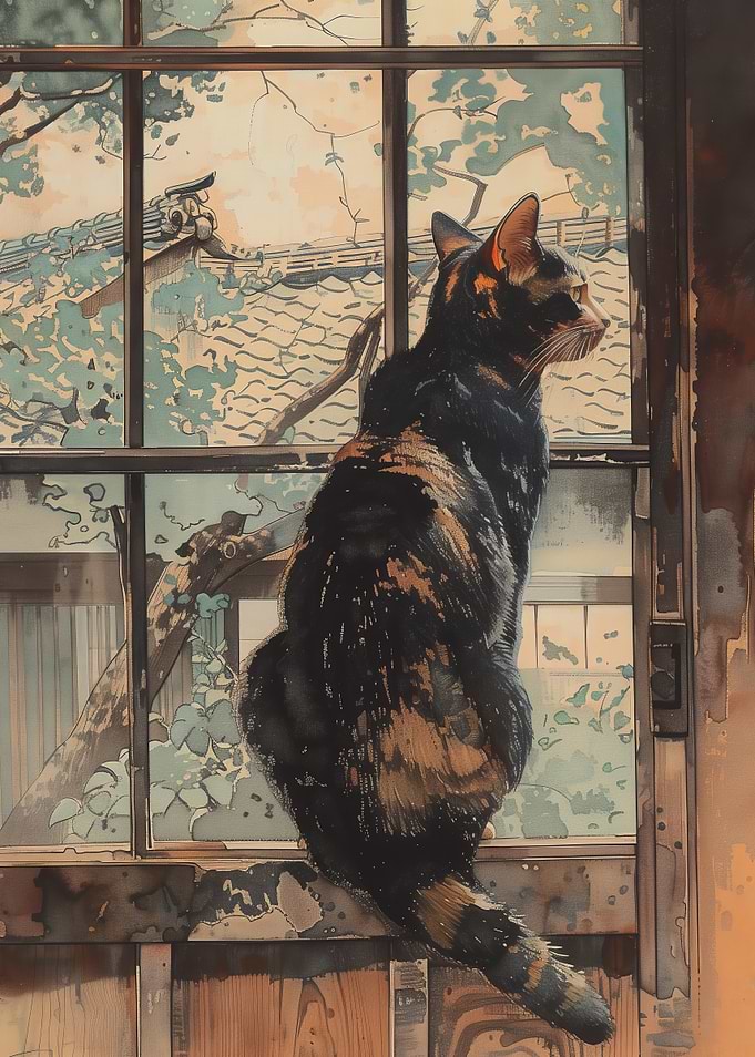 Cat Looking Out Window Watercolor Painting
