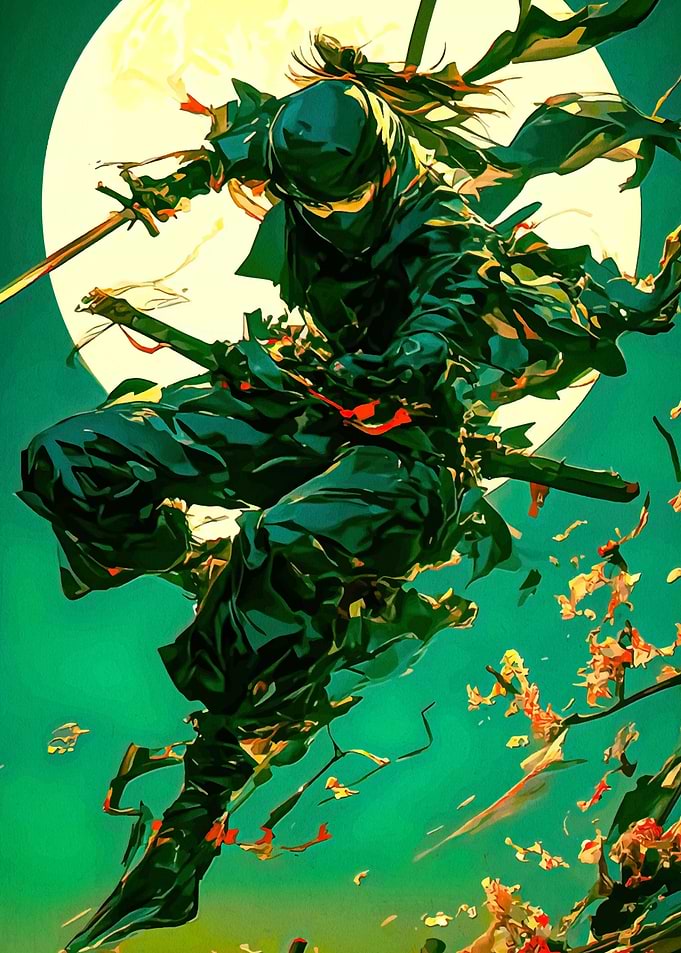 Ninja Warrior with Swords under Moonlight