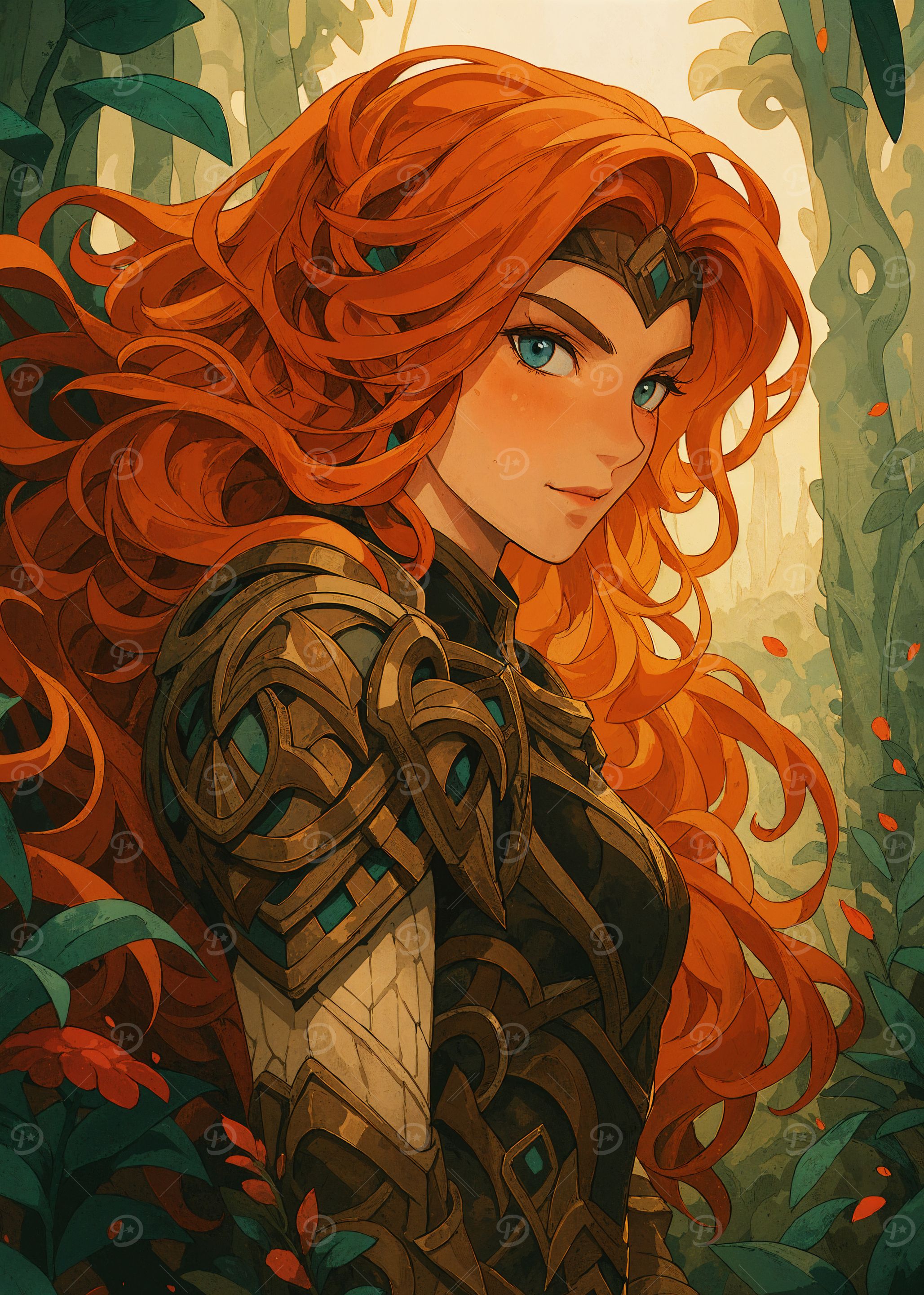 Red-haired Warrior Woman in Forest