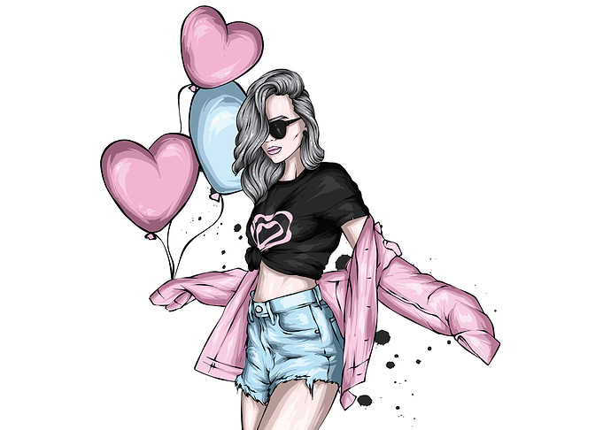 Stylish Girl with Balloons Illustration