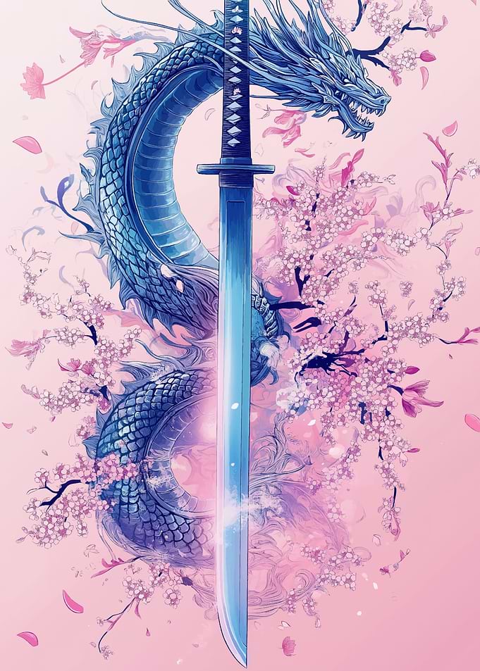 Dragon, Katana, and Cherry Blossoms Art