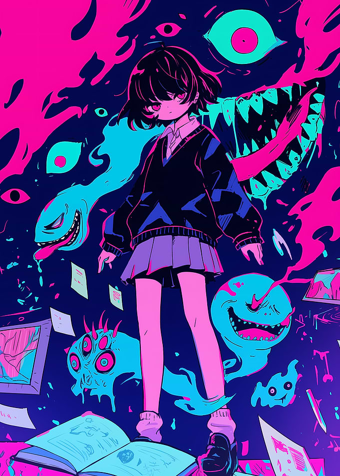 Anime Girl Surrounded by Monsters
