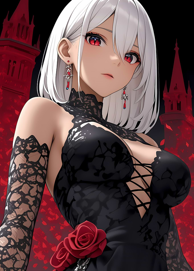 Anime Girl in Black Lace Dress